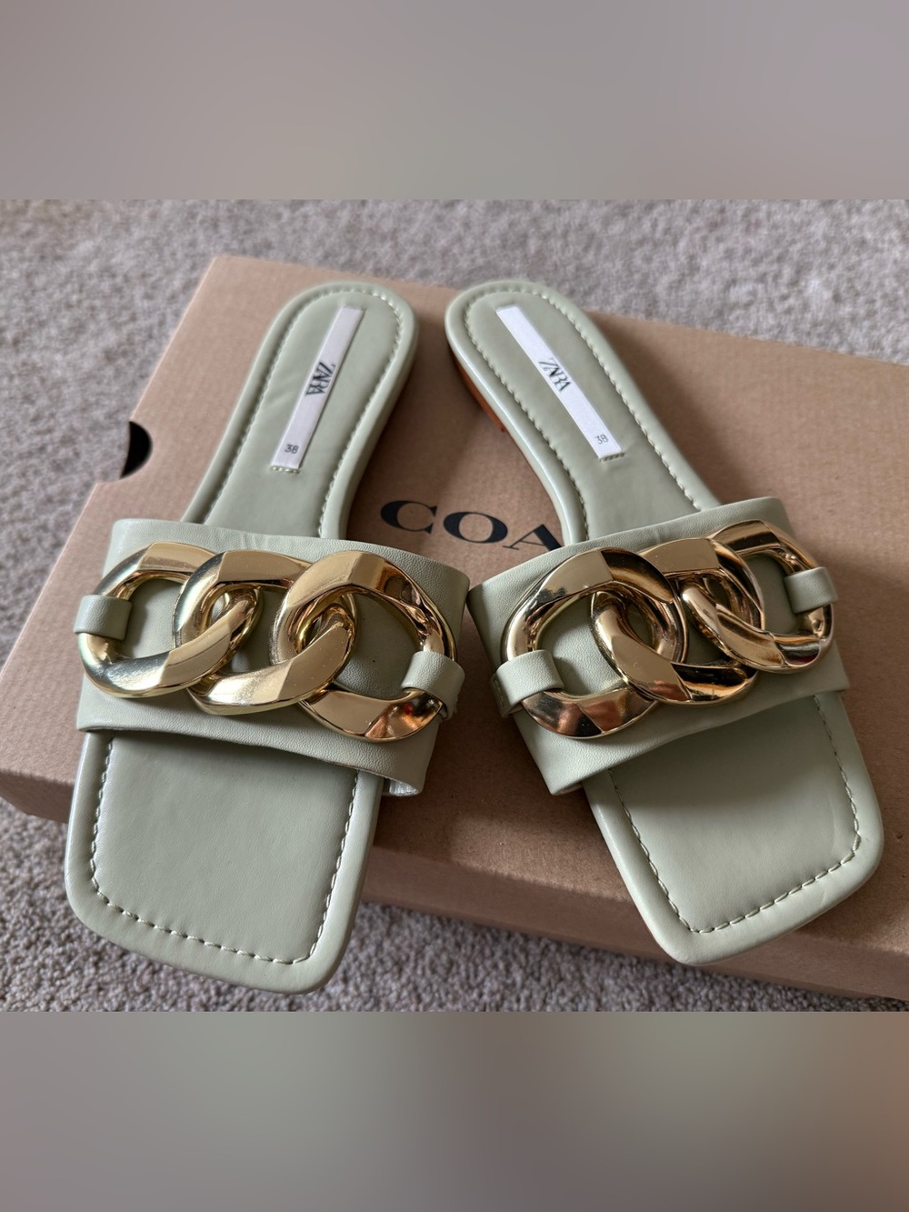 Zara Pale Mint Slide Sandals with Gold Chain Detail